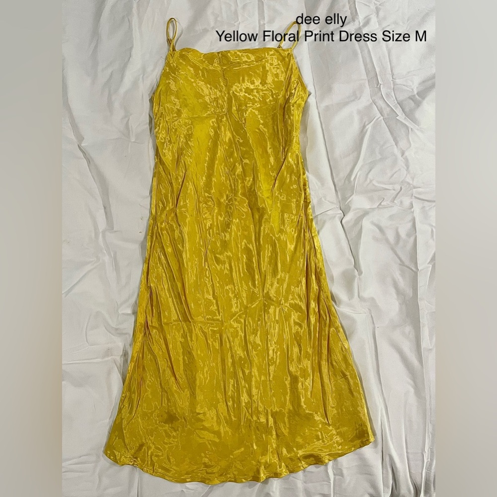 dee elly Yellow Satin Floral Pattern Print Dress Women’s Size Medium